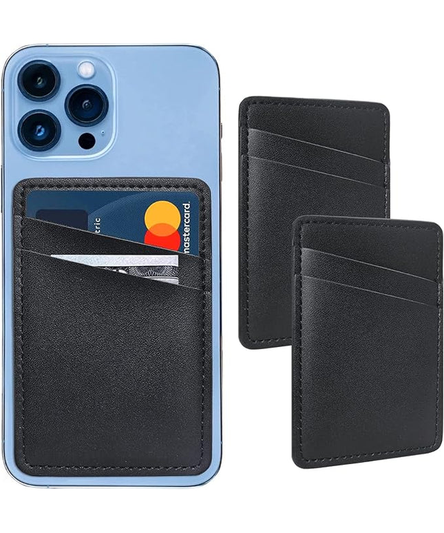Leather Phone Wallet, Stick On Credit Card Holder for Phone Case - Compatible with iPhone, Samsung, Android & All Cell Phones - 2Pack Black