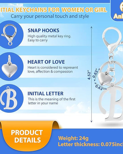 A-Z Heart Initial Letter Keychain, Stainless Steel Alphabet Charm for Handbags, Gift for Women and Girls