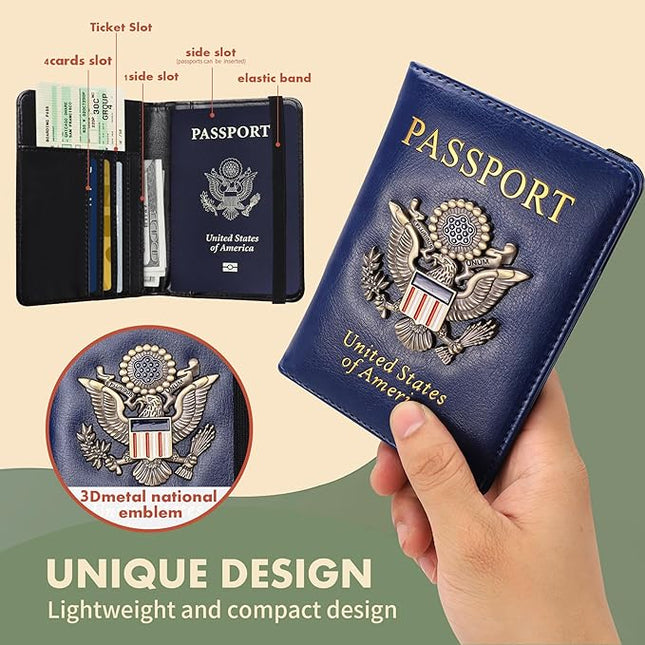 2 Pcs Passport Holder for Travel Card Slot Combo RFID Blocking Leather Family Passport Wallet Travel Accessories for Men Women (Blue and black)