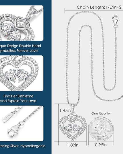 LOUISA SECRET Sparkling Double Heart Birthstone Necklaces for Women, 925 Sterling Silver Fine Jewelry, Pendant Heart Necklaces Birthday Anniversary Christmas Gift for Women Wife Mom Girlfriend Lady