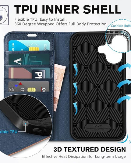 TUCCH Wallet Case for iPhone 16, Kickstand [RFID Blocking] [4 Card Slots] TPU Interior Protective Case, Magnetic Folio Shockproof PU Leather Flip Cover Compatible with iPhone 16 5G, Blue&Brown