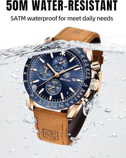 BY BENYAR Watch for Men Analog Quartz Chronograph Waterproof Luminous Designer Mens Wrist Watches Business Work Sport Casual Dress Watch with Silicone Strap Elegant Gifts for Men