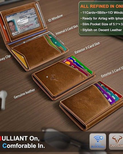BULLIANT Men Wallet,Top Grain Leather Slim Wallet Magnetic Closure Simplifed Bill Folder RFID Blocking 11Cards
