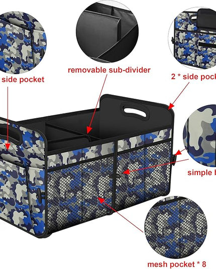 Femuar Car Trunk Organizer with 72L Large Capacity Waterproof Collapsible and 11 Pockets, Trunk Organizer for Car SUV/Jeep/Sedan, Large Size, Blue Camouflage