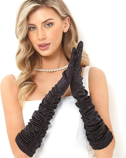 LATTEMARMALATTE Long Satin Shirred Opera Gloves 1920s Elbow Length Accessory for Women’s Weddings, Halloween & Masquerade