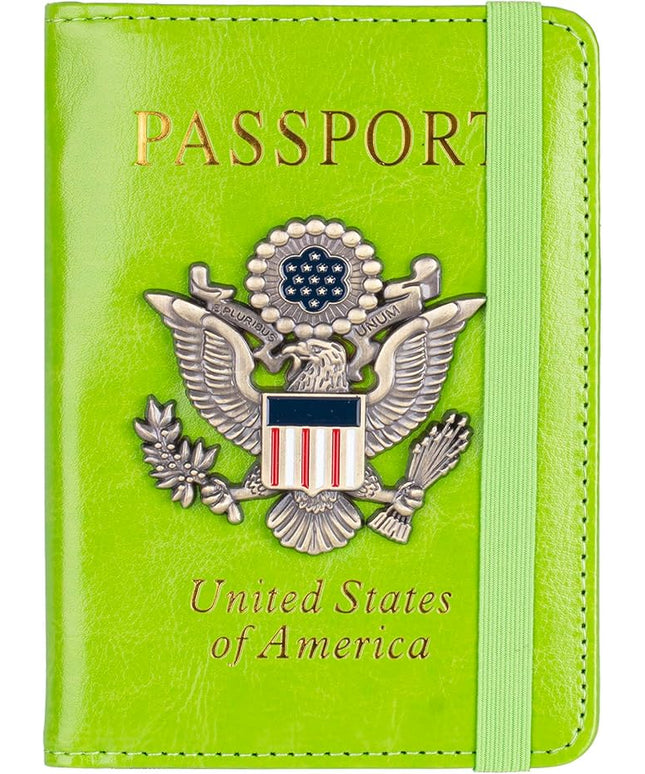 TOURSUIT RFID Blocking Passport Holder for Women Men, Leather Passport Travel Wallet with Metal 3D Metal Badge, Travel Document Holder Cover Accessories (Green)