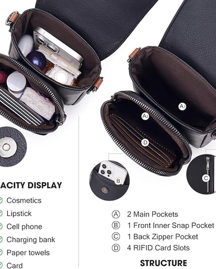 POIUGOYA Small Crossbody Bags for Women Trendy,Leather Triple Compartment Cell Phone Crossbody Wallet Purses with Card Slots