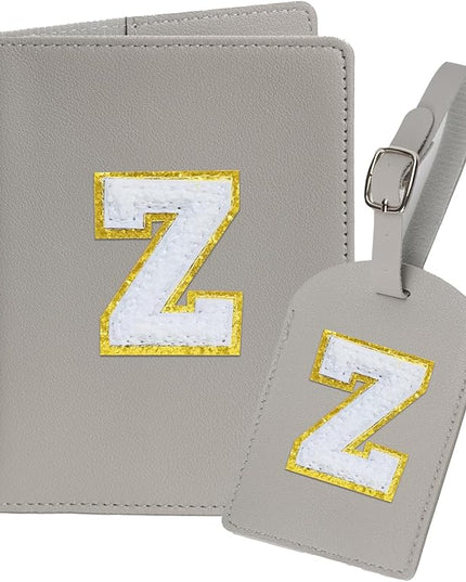 Initial Passport Cover Holder and Luggage tag Set,PU Leather Passport Case Travel Suitcase Tag with Letter Patch, Personalized Travel Luggage Accessories Gifts for Women Grils Teenage Grey Z