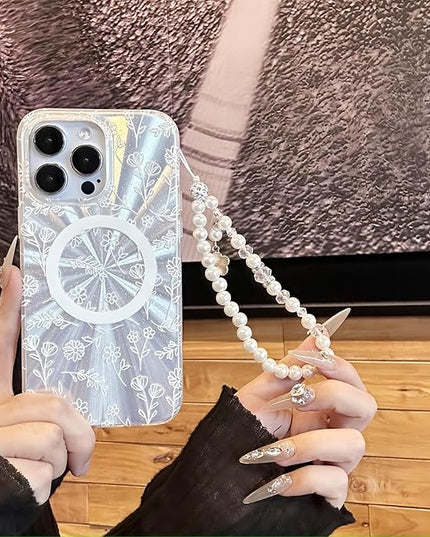 Compatible with iPhone 15 Pro Cases,Cute Flower Phone case with Floral Pearl Chain,Compatible MagSafe Silicone Shockproof Phone case for Women and Teenage Girls.