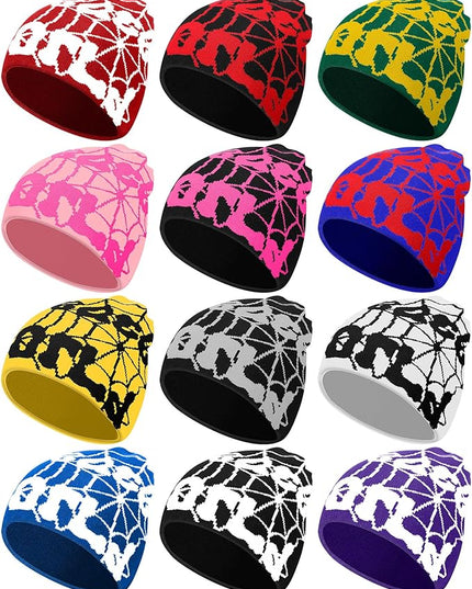 Toulite 12 Pieces Y2K Spider Web Beanie Gothic Graphic Beanies Outdoor Winter Warm Knitted Hat for Men Women