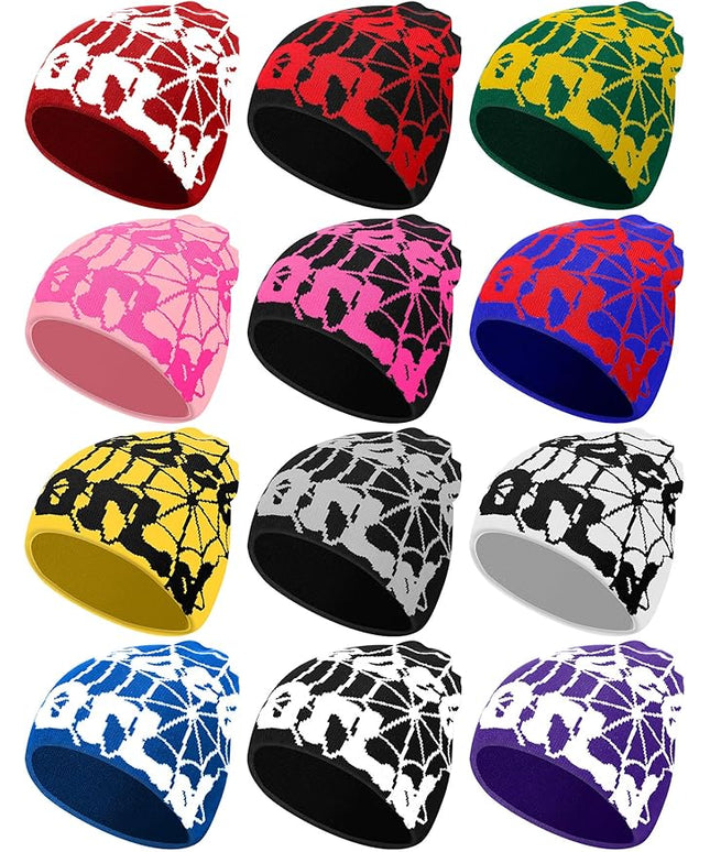 Toulite 12 Pieces Y2K Spider Web Beanie Gothic Graphic Beanies Outdoor Winter Warm Knitted Hat for Men Women