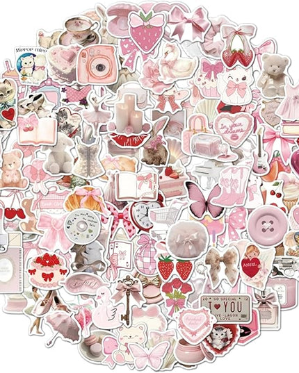 150pcs Coquette Stickers Cute Vinyl Laptop Sticker Monogram Decal Vintage Aesthetic StickersWaterproof Aesthetic Stickers, Pink Sticker Pack for Girls Water Bottles Laptop Computer Phone Guitar