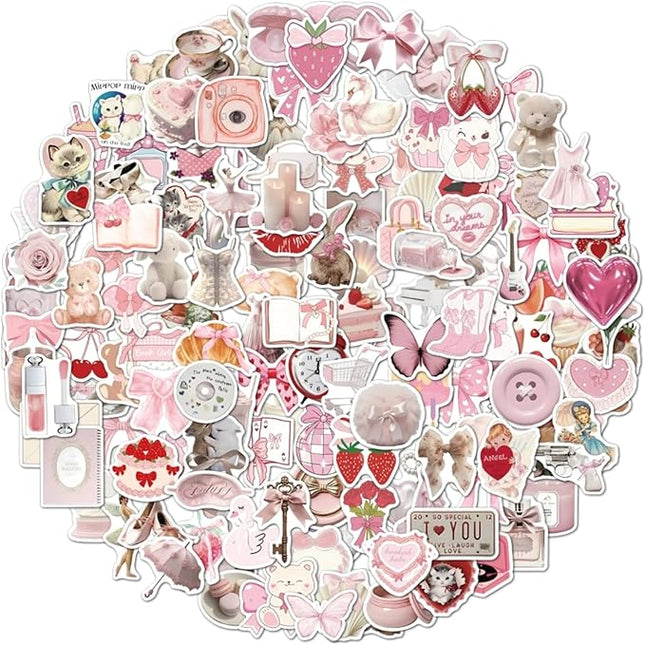 150pcs Coquette Stickers Cute Vinyl Laptop Sticker Monogram Decal Vintage Aesthetic StickersWaterproof Aesthetic Stickers, Pink Sticker Pack for Girls Water Bottles Laptop Computer Phone Guitar