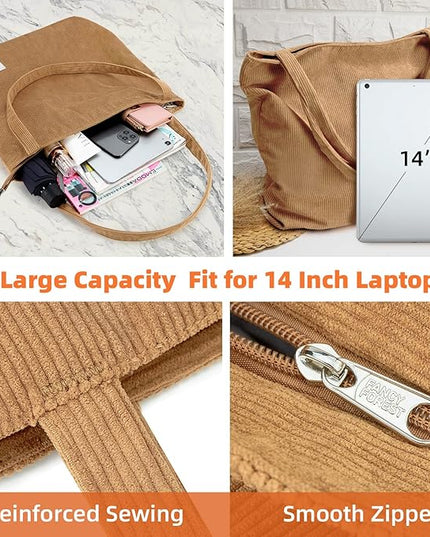 KALIDI Women Corduroy Tote Bag Zipper Casual Tote's Handbag Big Capacity Shoulder Bag with Pockets