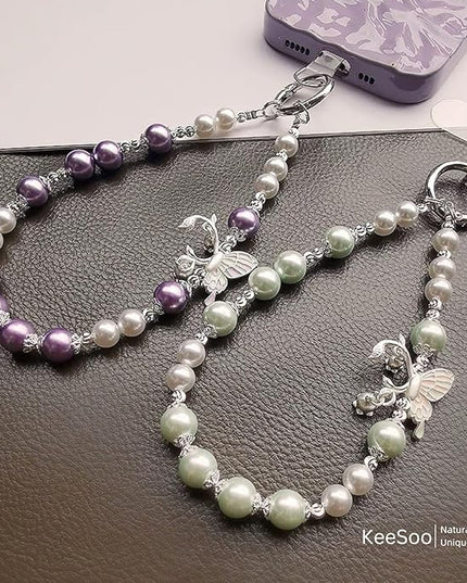 Korean-Style Pearl Butterfly Phone Charm - Luxe Hands-Free Elegance, Universally Compatible with iPhone & Android, Radiating Timeless Charm, Light Green