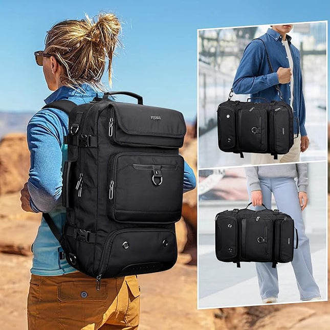 PIJUSHI Carry on Travel Backpack for Women Men Convertible Duffel Bag Backpack Large Luggage Rucksack Fit 16 Inch Laptop(PE039 Black)