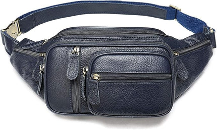 Genuine Leather Fanny Pack large capacity Crossbody Waist Bag with Zipper phone Pockets dark blue