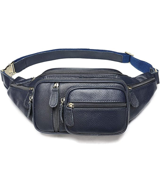 Genuine Leather Fanny Pack large capacity Crossbody Waist Bag with Zipper phone Pockets dark blue