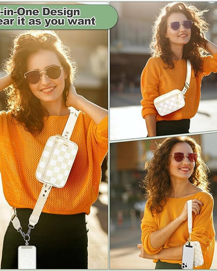 Clip and Go Strap for Phone with Wallet Crossbody, Adjustable Phone Lanyard with Detachable RFID Wristlet Wallet, Phone Strap with Phone Tabs for All Phones, Cream Checkered (M)