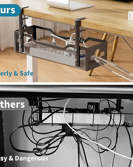Under Desk Cable Management Tray No Drill, Metal Mesh Cable Management Under Desk with Clamp Mount, 2 Hole Cable Tray with Wire Management and Cord Organizer for Home Office Standing Desk