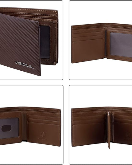 VISOUL Mens Carbon Fiber Leather Bifold Wallet with 2 ID Windows, RFID Blocking Stylish Wallet for Men with 2 Cash Compartments (Brown+Brown)