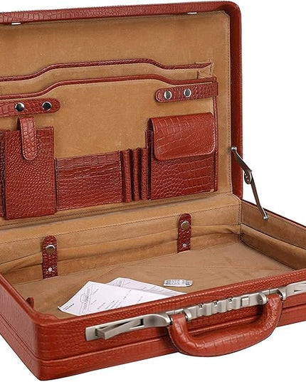 Full Grain Leather Briefcase Attache For Unisex Size L18 * W5 * H12 IN Expandable Italian Lock Briefcase