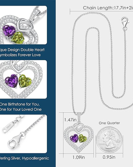 LOUISA SECRET Sparkling Double Heart Birthstone Necklaces for Women, 925 Sterling Silver Fine Jewelry, Pendant Heart Necklaces Birthday Anniversary Christmas Gift for Women Wife Mom Girlfriend Lady