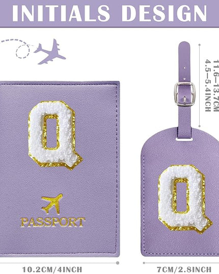 COSHAYSOO Purple Initial Passport Cover Holder and Luggage Tag Set TSA Approved with Chenille Letter Patch for Women Teenage Girls, Fashion Travel Bag Backpacks Suitcase Identifier Markers (Q)