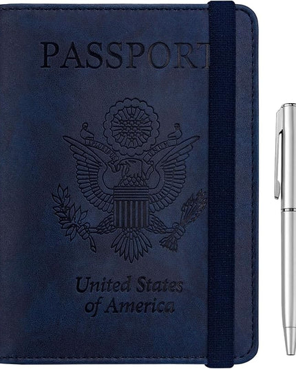 WALNEW Passport Holder for Travel, RFID Passport Cover Wallet for Women Men, PU Leather Passport Book Card Holder Case with Pen (Elastic Band Closure, A-Navy Blue)