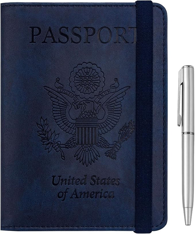 WALNEW Passport Holder for Travel, RFID Passport Cover Wallet for Women Men, PU Leather Passport Book Card Holder Case with Pen (Elastic Band Closure, A-Navy Blue)