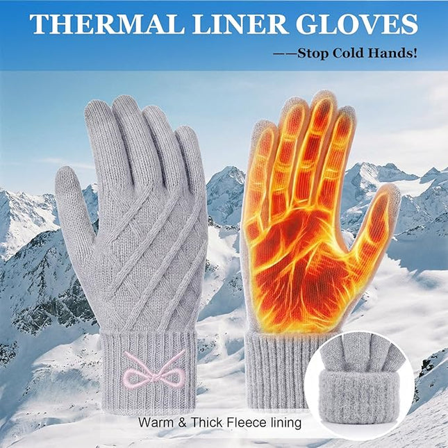 Liitrsh Women Winter Gloves with Embroidery Bow Touchscreen Warm Elastic Knit Lining Gloves for Cold Weather Gift