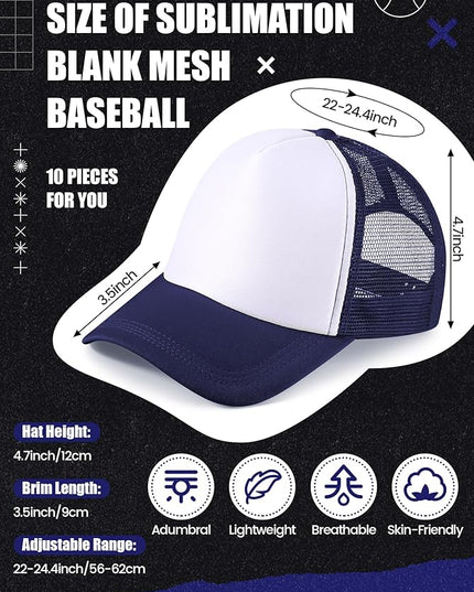 10 Pcs Sublimation Blank Trucker Hats Bulk Mesh Baseball Cap Polyester Mesh Trucker Hat for Men and Women