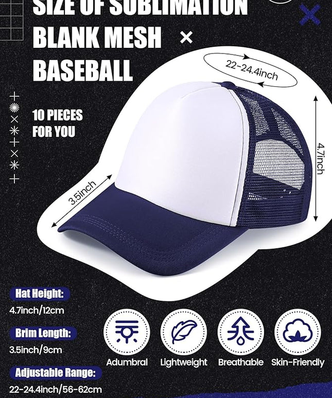 10 Pcs Sublimation Blank Trucker Hats Bulk Mesh Baseball Cap Polyester Mesh Trucker Hat for Men and Women