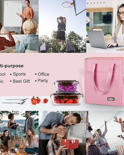Fmeida Insulated Lunch Bag Women - 12L Leakproof Womens Lunch Tote w Zipper Reusable Lunch Bags Thermal Cooler Tote Multipocket for Work Hiking Beach Picnic | Pink