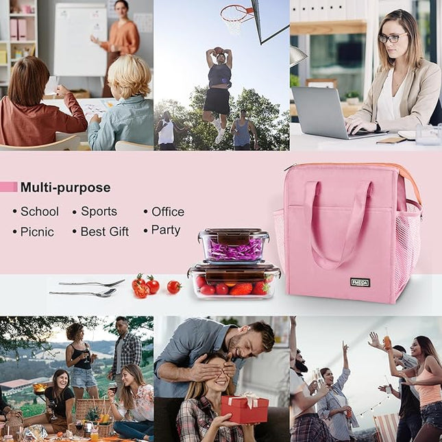 Fmeida Insulated Lunch Bag Women - 12L Leakproof Womens Lunch Tote w Zipper Reusable Lunch Bags Thermal Cooler Tote Multipocket for Work Hiking Beach Picnic | Pink