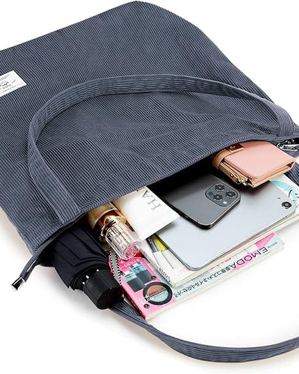 KALIDI Women Corduroy Tote Bag Zipper Casual Tote's Handbag Big Capacity Shoulder Bag with Pockets