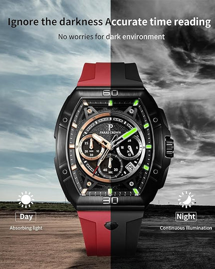 Paras Crown Watches for Men Tonneau 5ATM Waterproof Quartz Luxury Chronograph Analog Men's Wrist Watches Stainless Steel Case Mens Watches