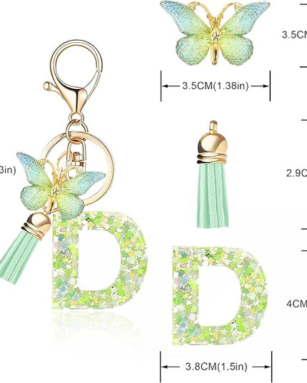 Fashion Alphabet Initial Letter Keychain Tassel Butterfly Pendant Key Ring for Purse Handbags Women Girl