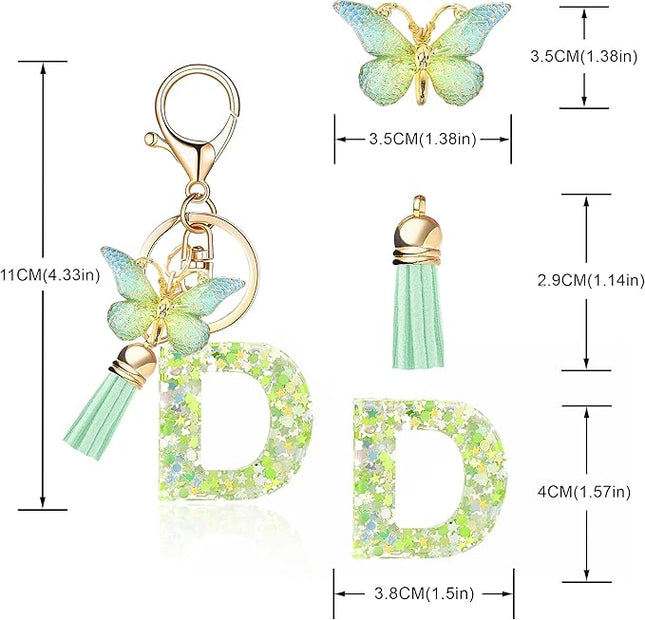Fashion Alphabet Initial Letter Keychain Tassel Butterfly Pendant Key Ring for Purse Handbags Women Girl