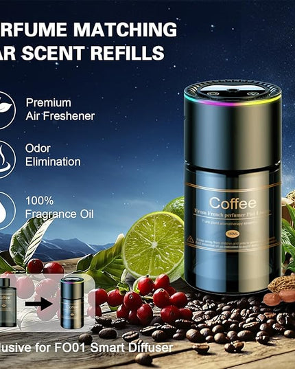Smart Car Air Freshener Diffuser - 270-Day Long-Lasting Essential Oil (6.09oz/180ml), Auto On/Off Sensor, Ultrasonic Dual Modes, Multi-Mode Adjustable, Natural French Fragrance Oils, Coffee ﻿