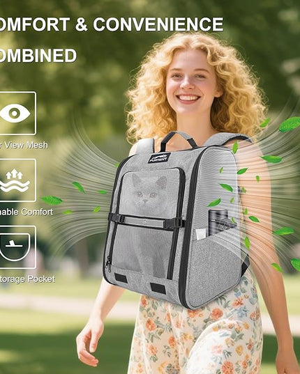 Pet Backpack Carrier for Small Dogs and Cats, Comfortable Portable Cat Bag for Travel Use with Ventilated Mesh, Safety Strap, and Easy-Clean Waterproof Fabric, Grey