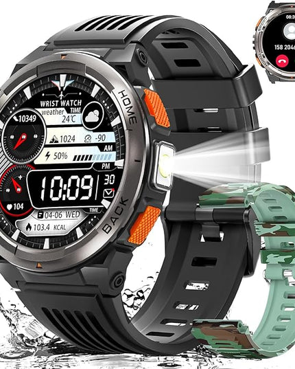 EIGIIS KE5 Military Smart Watch for Men with Flashlight SOS 3ATM Waterproof Watch 530mAh Big Battery 1.45" Rugged Tactical Smartwatch with Compass Elevation Barometer Fitness Watch for iPhone (Green)