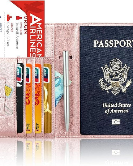 ACdream Passport Holder Cover, Leather Travel Wallet Case, RFID Blocking Document Organizer Protecrtor, with Slots for Credit Cards, Boarding Pass, for Women and Men, Rose Gold
