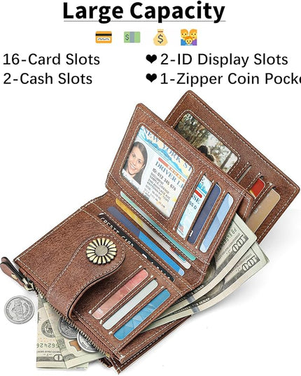 SENDEFN Small Womens Wallet Leather Bifold Card Holder RFID Blocking with Zipper Coin Pocket