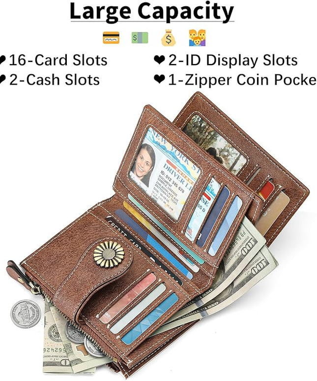 SENDEFN Small Womens Wallet Leather Bifold Card Holder RFID Blocking with Zipper Coin Pocket