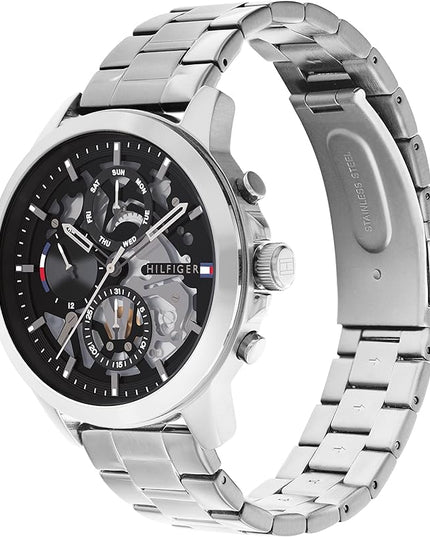 Tommy Hilfiger Men's Dressy Watch – Quartz Multifunction, Stainless Steel Case, Skeleton Dial, Link Bracelet – Gift for Him