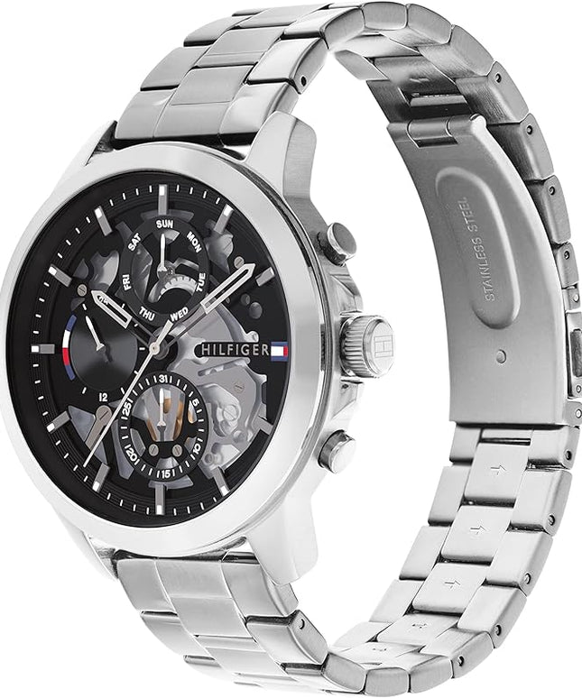 Tommy Hilfiger Men's Dressy Watch – Quartz Multifunction, Stainless Steel Case, Skeleton Dial, Link Bracelet – Gift for Him