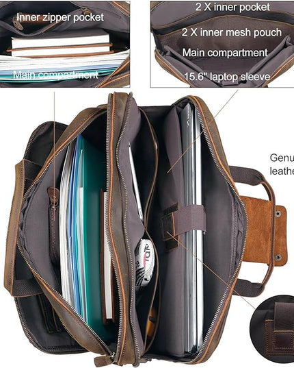 Masa Kawa Leather Briefcase for Men 17/15.6" Laptop Crossbody Shoulder Messenger Bag Business Travel Work Attache Case