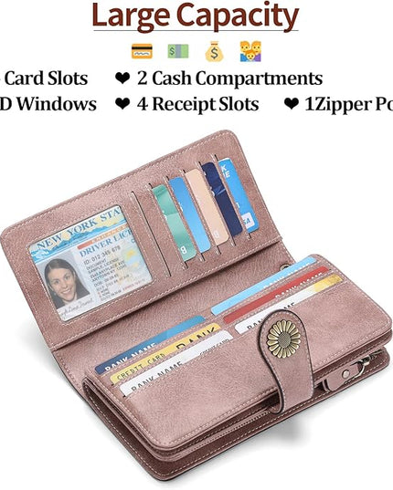 SENDEFN Wallets for Women Leather Credit Card Holder with RFID Blocking Large Capacity Wristlet | with RFID Blocking, Large Capacity, Wristlet, with RFID Blocking, Large Capacity, Wristlet