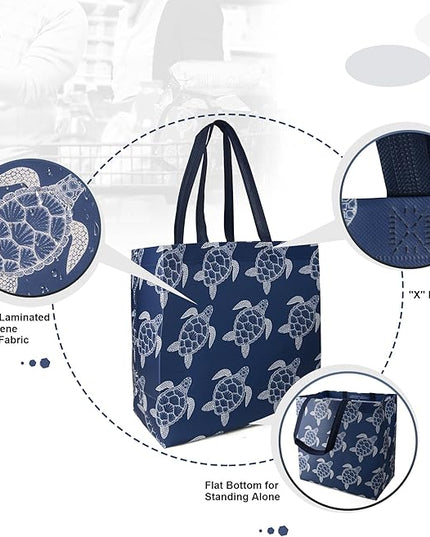 BeeGreen Sea Turtle Reusable Shopping Bags For Groceries 6 Pack- Large Foldable Tote Bags- Strong Handles for Heavy Groceries, Perfect for Supermarket, Farmers Market, and Storage Organization